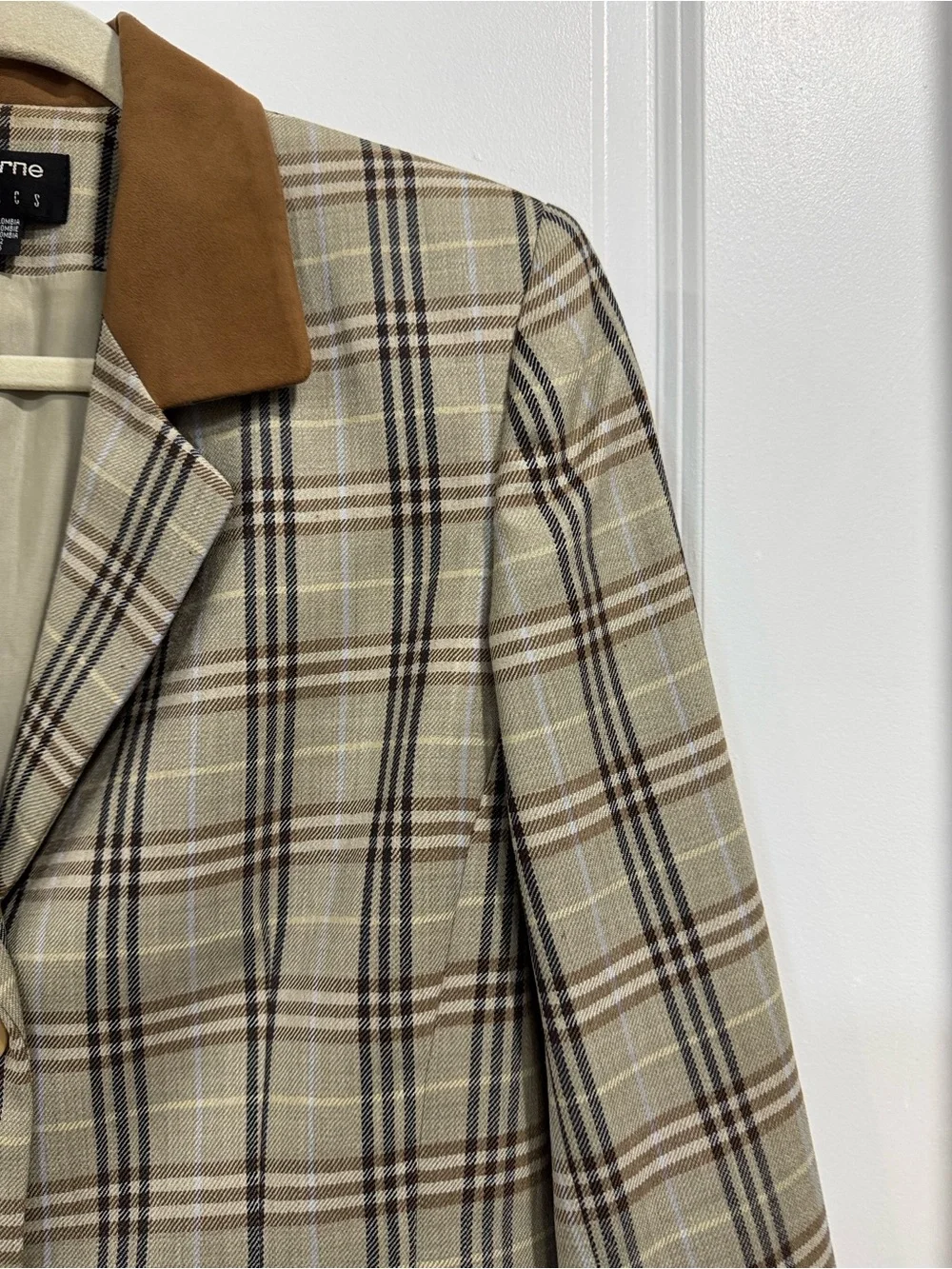 Liz Claiborne Vintage 100% Pure New Wool Plaid Blazer Suede Collar 8 Beige Brown